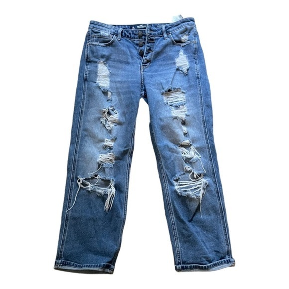 Hollister Mid-Rise Crop Boyfriend Distressed jeans Size 3R Medium Wash - Picture 2 of 13